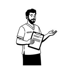 Vector Illustration of a Smiling Male Medical Professional Holding Clipboard, Gesturing.