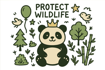 Panda's Royal Celebration. Wildlife protection illustration doodle style: hand drawn panda with smile, crown, star, balloon, trees
