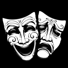 Vector Illustration of Two Classic Comedy and Tragedy Theatrical Masks.