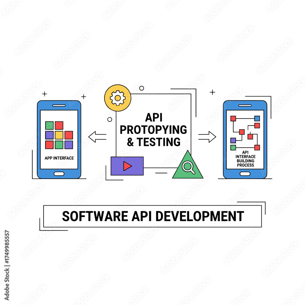 Wall mural vector flat-line illustration concepts for prototyping and testing software apis on smartphones, dev