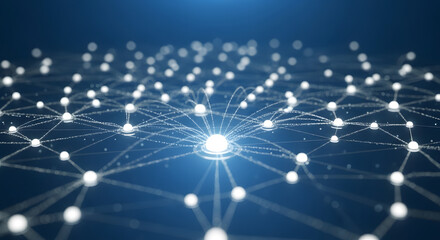 Abstract digital network connections with glowing central hub. Futuristic technology concept representing global data communication and interconnec...