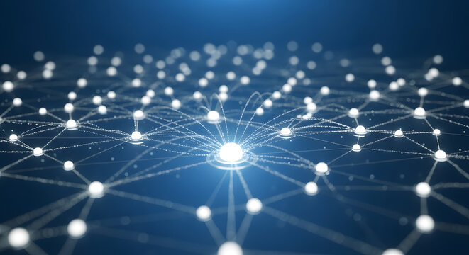 Abstract digital network connections with glowing central hub. Futuristic technology concept representing global data communication and interconnec...