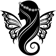 Obraz premium Beautiful silhouette of a beautiful woman with butterfly wings and a flower crown. This vector icon is perfect for a beauty salon, spa, cosmetics brand or wellness logo.