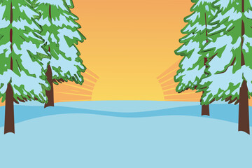 Festive christmas morning sunrise behind snow covered pine trees with a warm glow