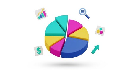 Bright 3D pie chart with floating colorful business icons on white. Analytics, finance, statistics, data visualization, investment, and report concept. Modern, clear design for presentations.