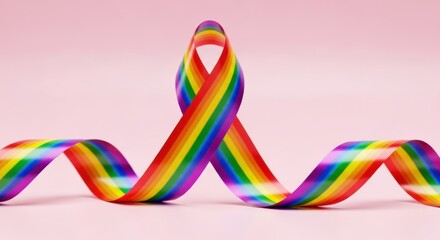 Colorful rainbow ribbon in awareness loop on soft pink background. Inclusion, pride, equality, LGBTQ support, diversity and hope concept. Minimal vibrant composition for social campaigns.
