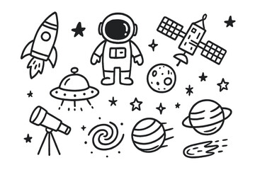 Space Doodle Icons. Space doodle icon set: hand drawn icons of rocket, astronaut, satellite, UFO, moon, stars, galaxy, telescope,