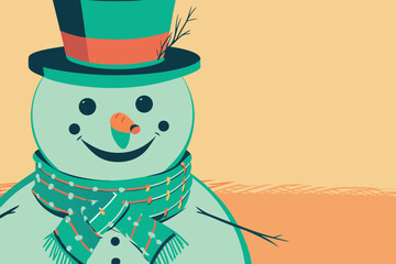 Charming snowman illustration wearing a top hat and scarf smiling merrily