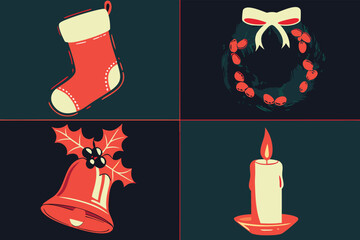 Festive christmas icon set featuring stockings wreath and bell