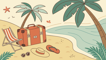 Collection of summer holiday beach and travel themed illustrations