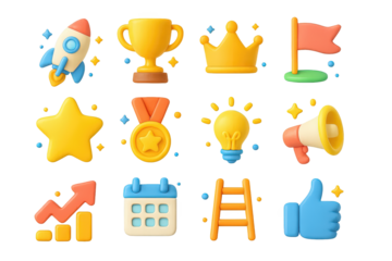 Motivation Icons Collection. Motivation and Inspiration. 3D icons set of Motivation and Inspiration: rocket, trophy, crown, goal flag, star, medal, heart,