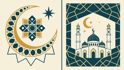 Islamic holiday celebration banner with traditional motifs and calligraphy