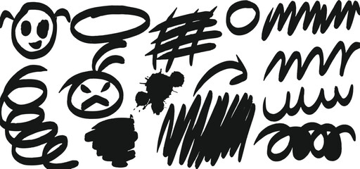 Collection of abstract black ink graffiti doodles and scribbles featuring cartoon faces and expressive lines on a white background