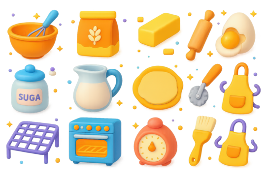 3D Baking Icons. Baking. 3D icons set of baking: mixing bowl, whisk, flour bag, butter stick, rolling pin, cracked egg, sugar jar, milk jug, pie dough rolled