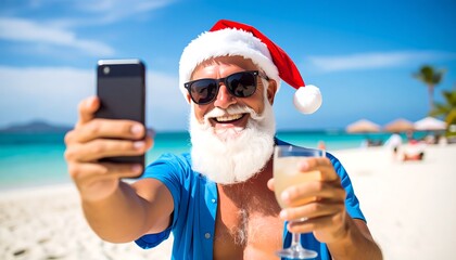 Santa Claus Taking Selfie on Beach Vacation.