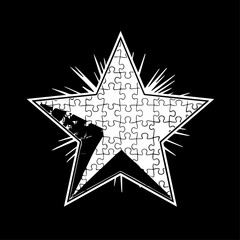 White Star Puzzle with Geometric Design and Spiky Radiating Lines on Black Background.