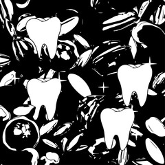White Tooth Silhouettes on Black Background, Repeating Dental Pattern Design.