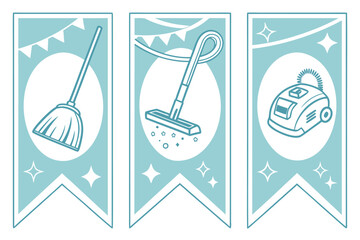 Charming pastel blue and white icons for cleaning services and home organization