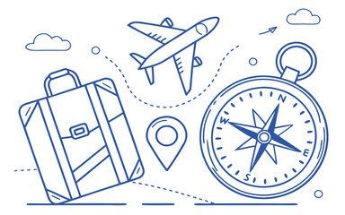 Collection of outlined travel and location icons in blue