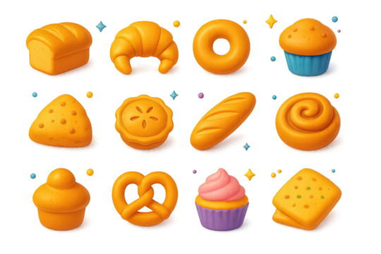 Colorful Baked Goods Icons. Baked Goods. 3D icons set of baked goods: bread loaf, croissant, bagel, muffin, scone, pie, baguette, cinnamon roll, brioche,