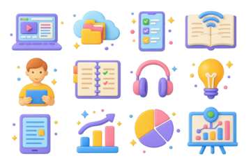 Digital Learning Icons. Digital Learning. 3D icons set of digital learning: laptop with study portal, cloud with files, smartphone with test app, open book