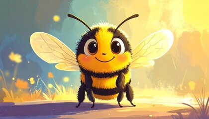 A charming, fluffy, animated insect with large, endearing eyes and a welcoming smile, set against a radiant, sunlit backdrop
