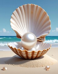 Beautiful Pearl in Seashell on Beach.