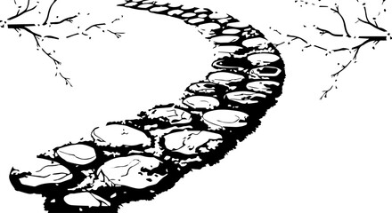 Winding Stone Path with Rounded Cobblestones and Textured Surface, Black and White.