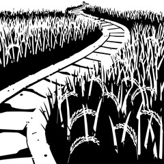 Winding Wooden Path Through Tall Grass, Black and White Illustration.