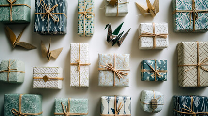 折り鶴が飾るカラフルなギフトボックス｜和の贈り物イメージ
