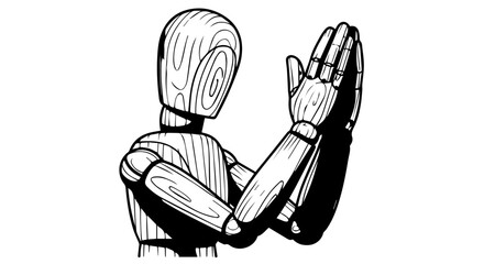 Wooden Artists Mannequin Praying with Hands Clasped in Detailed Illustration.
