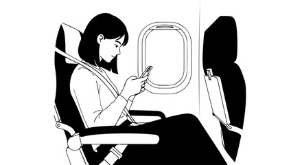 Young Woman Using Smartphone While Seated on Airplane, Focused and Engaged.