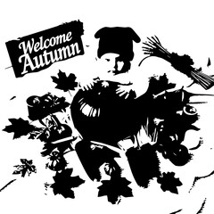 Silhouette of a Baby in Autumnal Attire with Leaves and Welcome Sign.