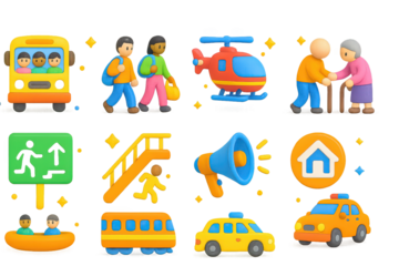 3D Evacuation Icons. Evacuation. 3D icons set of evacuation: bus with evacuees, people carrying bags, rescue helicopter, person helping elderly, evacuation