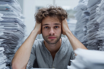 A man is sitting in a pile of papers
