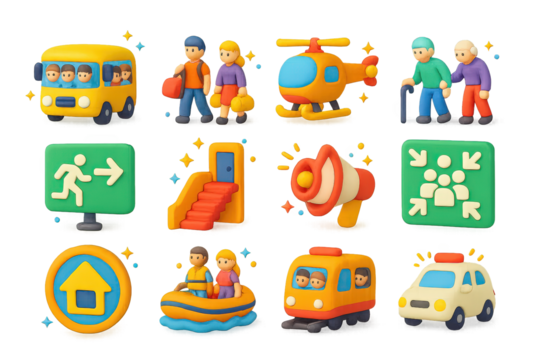 3D Evacuation Icons. Evacuation. 3D icons set of evacuation: bus with evacuees, people carrying bags, rescue helicopter, person helping elderly, evacuation