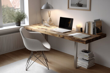 A desk with a laptop, a chair, and a lamp
