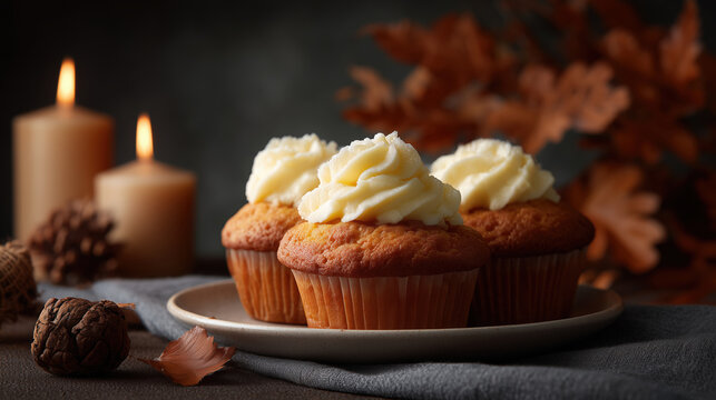Decadent Cupcakes with Creamy Frosting Surrounded by Fall Decor