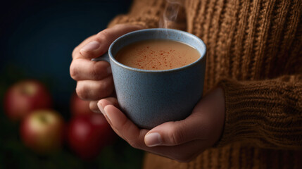 Hand holding a cup of hot apple cider with cinnamon creating a sense of warmth. There are apples in the background