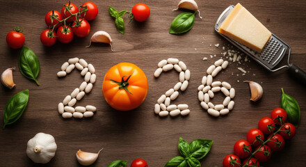 Arrangement 2026 Number with Pasta and Vegetables Fresh Ingredients Display Italian Cuisine Preparation Background