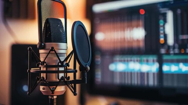 Video A close-up shot of a microphone placed in front of a computer monitor