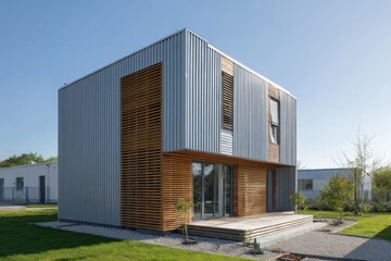 Modern house with wood accents surrounded by green grass under clear blue sky showcasing contemporary architectural design in a residential area