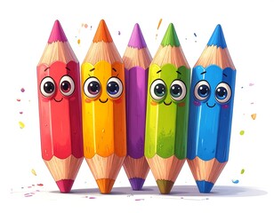 A cartoon illustration of five colorful pencils with cute, expressive faces smiling at the viewer. Their tops and points are vivid, while bodies are wood