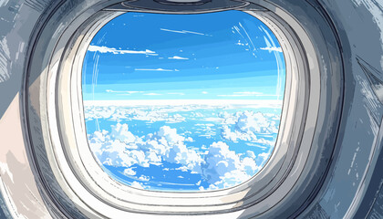 Naklejka premium Airplane window view of clouds and blue sky