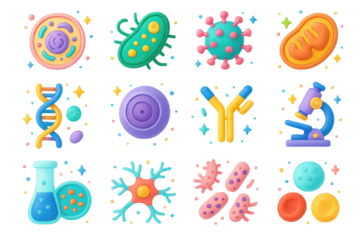 Colorful Cell Icons Grid. Cells. 3D icons set of cells: human cell, bacteria cell, virus, mitochondria, DNA strand, cell nucleus, antibody, microscope, test