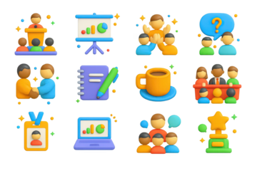 Vibrant Conference Icon Set. Conference. 3D icons set of conference: speaker on stage, projector screen, audience clapping, Q&A session, networking handshake,