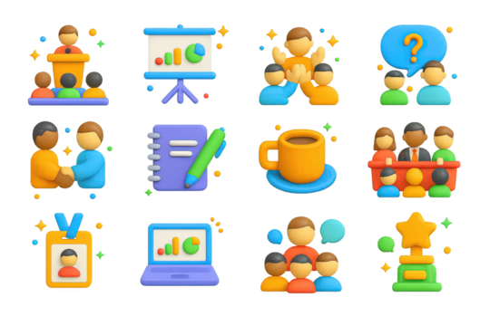 Vibrant Conference Icon Set. Conference. 3D icons set of conference: speaker on stage, projector screen, audience clapping, Q&A session, networking handshake,