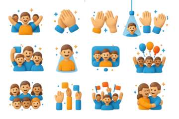 Vibrant 3D Crowd Icons. Crowd. 3D icons set of crowd: group of people cheering, clapping hands, raised hands, waving hands, selfie with group, spotlight on
