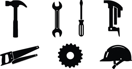 Six flat black silhouettes: hammer, wrench, screwdriver, gear, saw, helmet on white background.