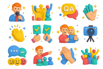 Engaging Audience Icons. Engaging Audience. 3D icons set of engaging audience: speaker with microphone, audience raising hands, Q&A bubble, applause, voting